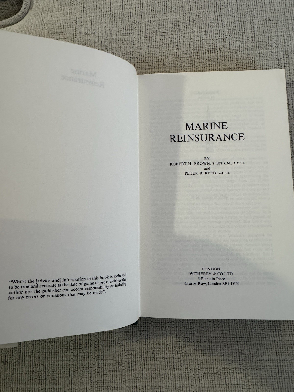 Marine Reinsurance 1981 1st Ed Robert Brown Peter Reed Hardcover Insurance
