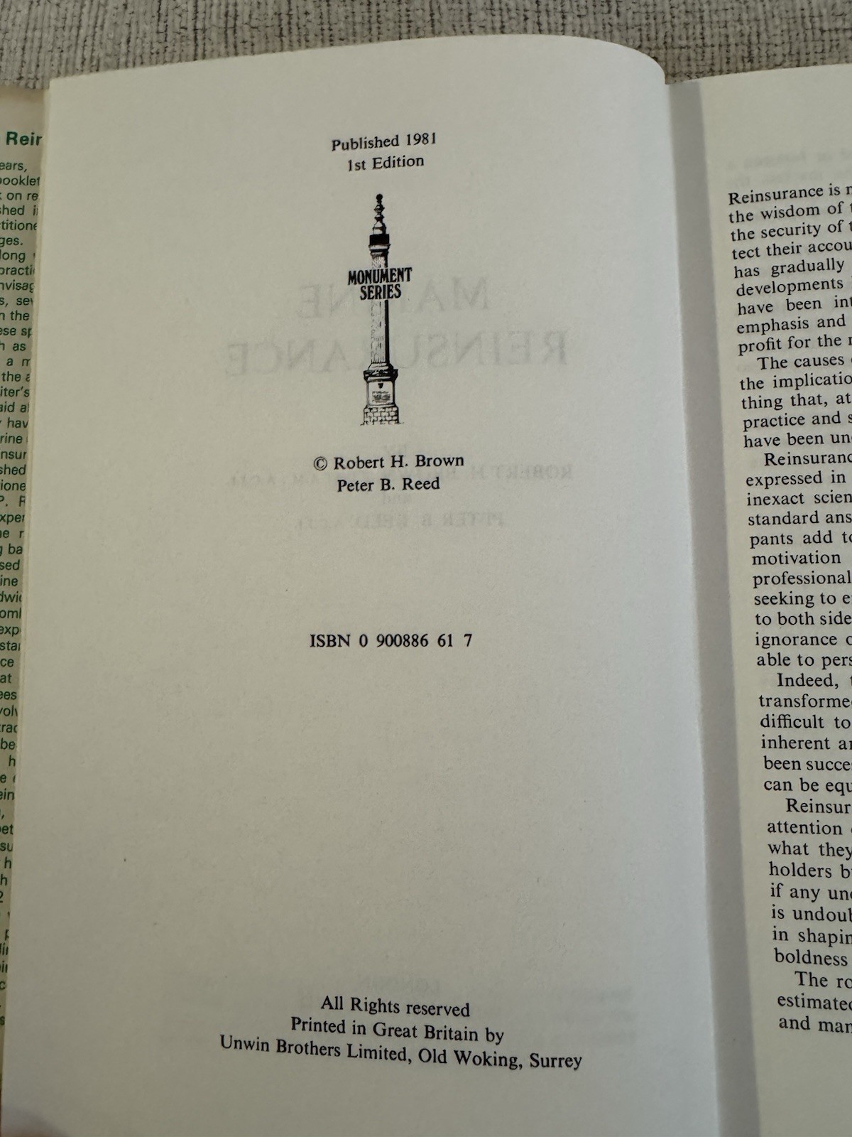 Marine Reinsurance 1981 1st Ed Robert Brown Peter Reed Hardcover Insurance